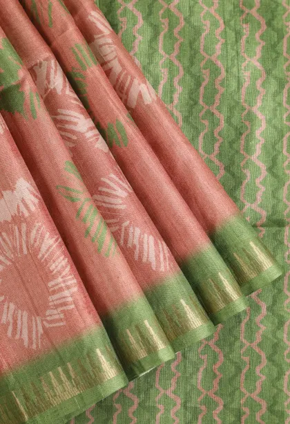 Peach Pink Semi Tussar Silk Without Zari With Geometric Shapes