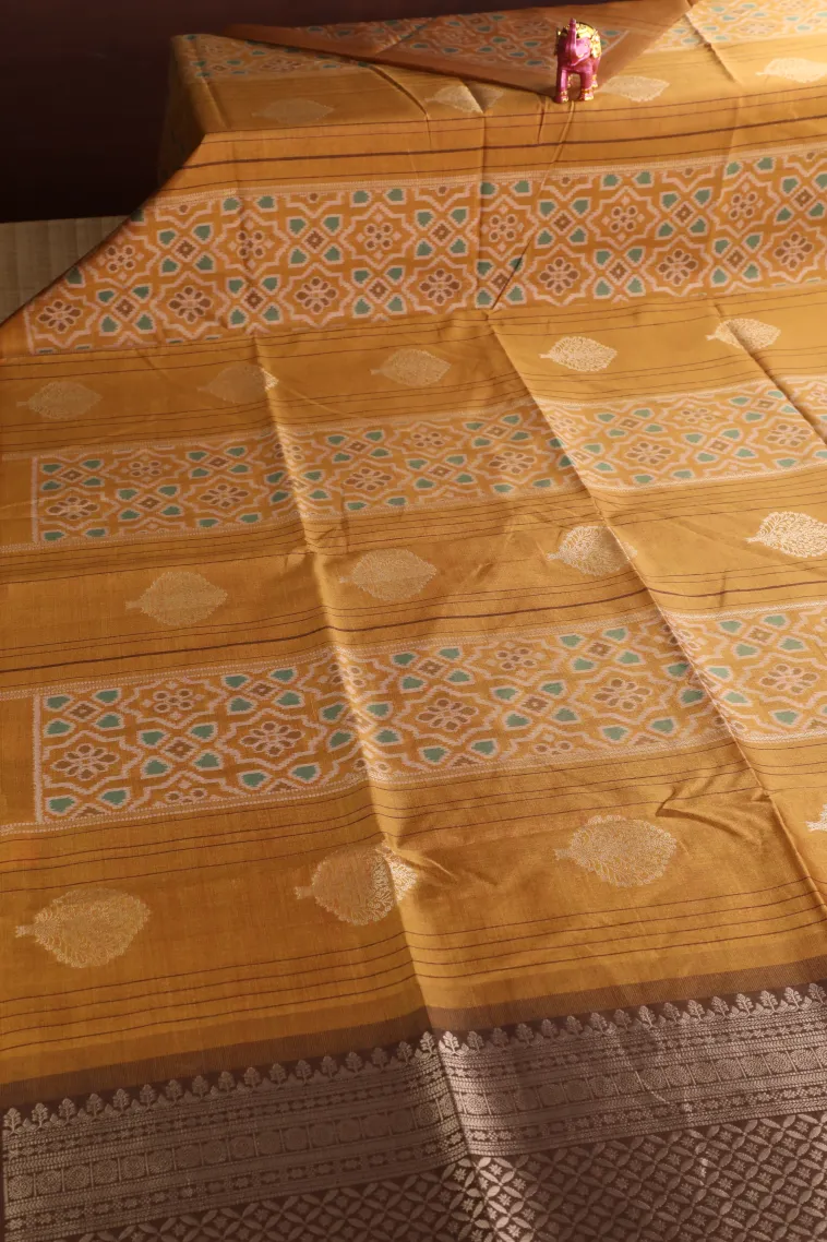 Honey Orange Tussar Saree with Gold Zari Straipes And Puttas view 2