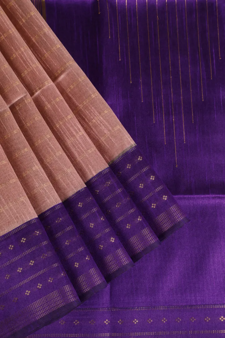 Peach Pink Tussar Saree with Gold Zari Cross Straipes