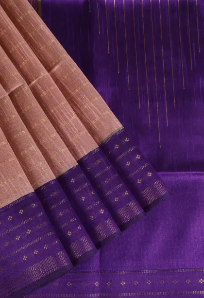 Peach Pink Tussar Saree with Gold Zari Cross Straipes