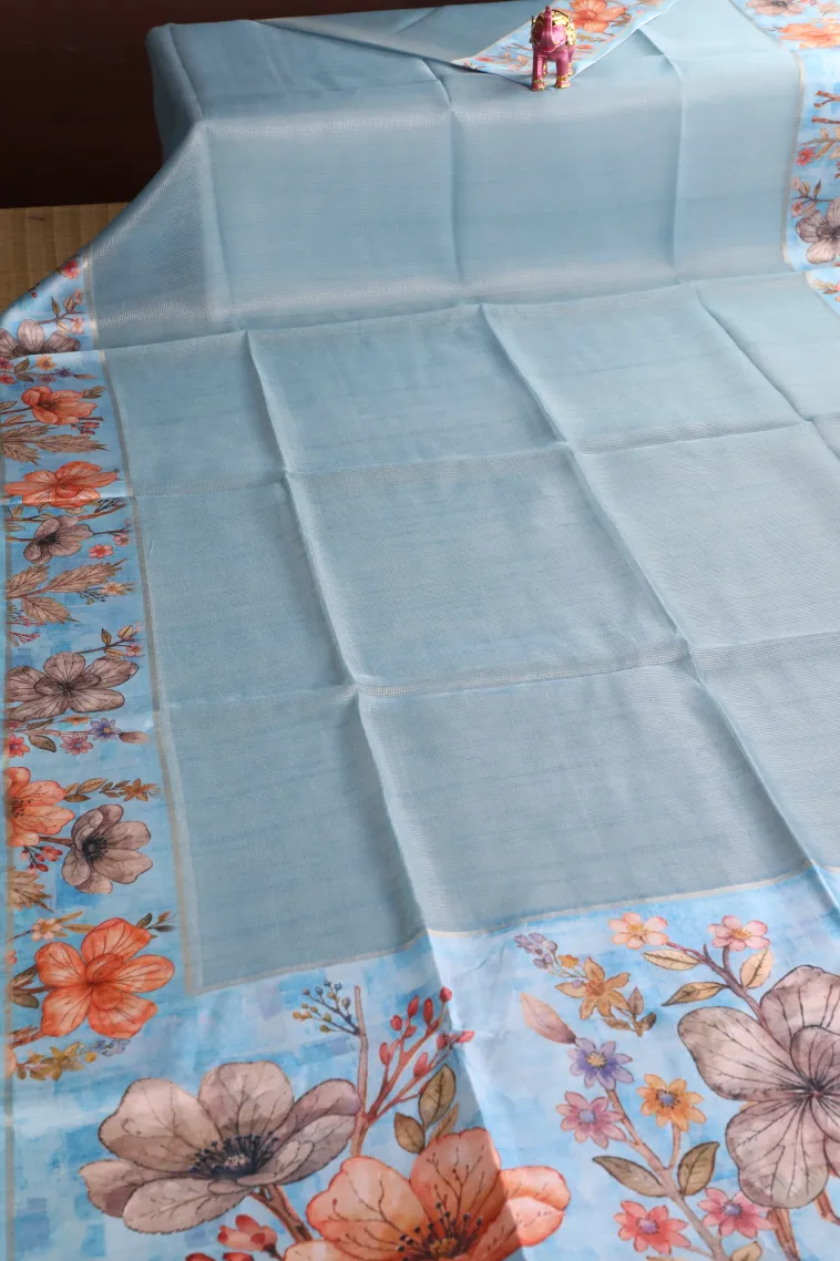 Sky Blue Organza Saree with Gold Zari Plain view 2