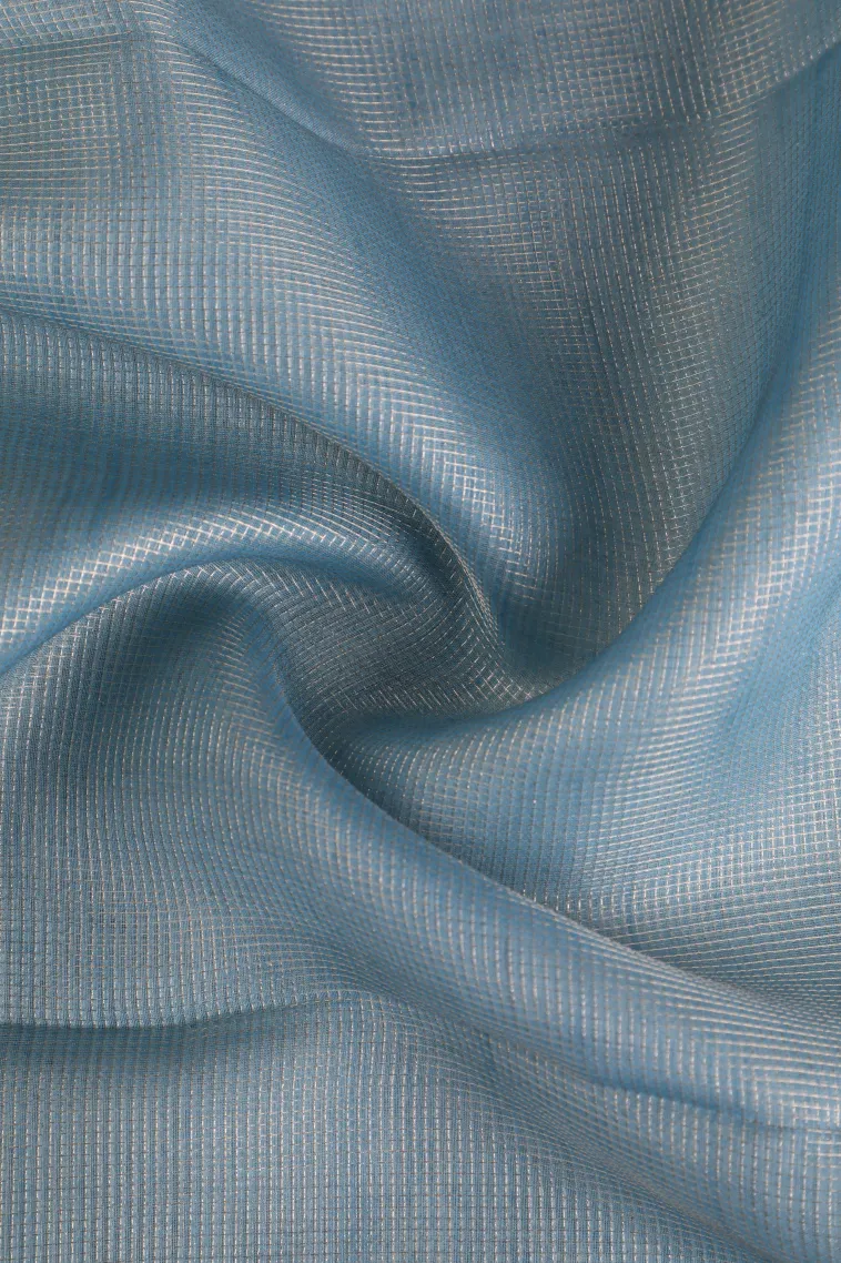 Sky Blue Organza Saree with Gold Zari Plain view 4