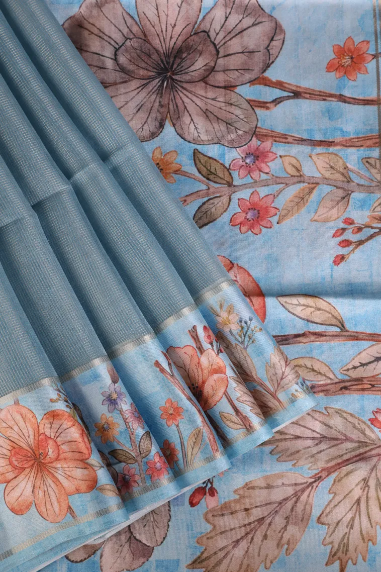 Sky Blue Organza Saree with Gold Zari Plain