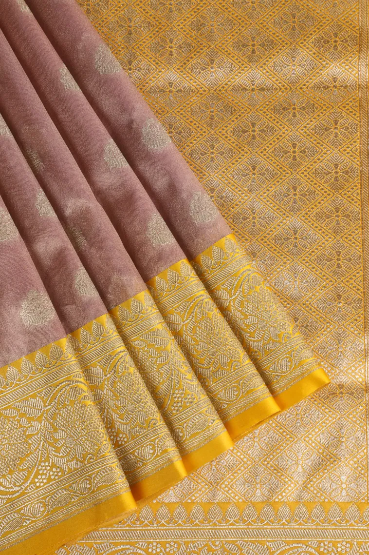 Crepe Pink Tissue Banaras with Gold Zari Buttis (small Dots Or Motifs)