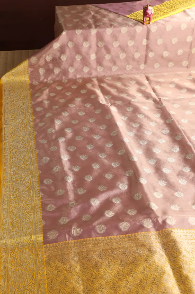 Crepe Pink Tissue Banaras with Gold Zari Buttis (small Dots Or Motifs) view 2