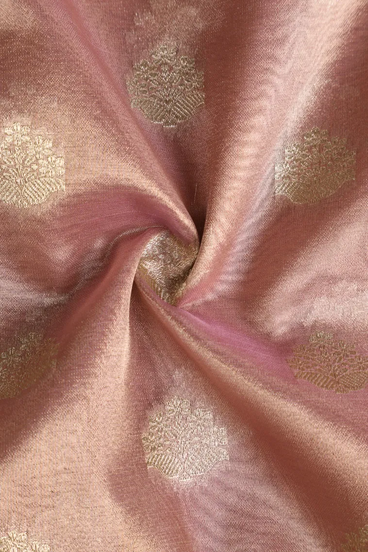 Crepe Pink Tissue Banaras with Gold Zari Buttis (small Dots Or Motifs) view 4