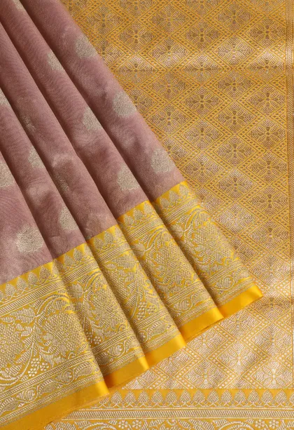 Crepe Pink Tissue Banaras with Gold Zari Buttis (small Dots Or Motifs)