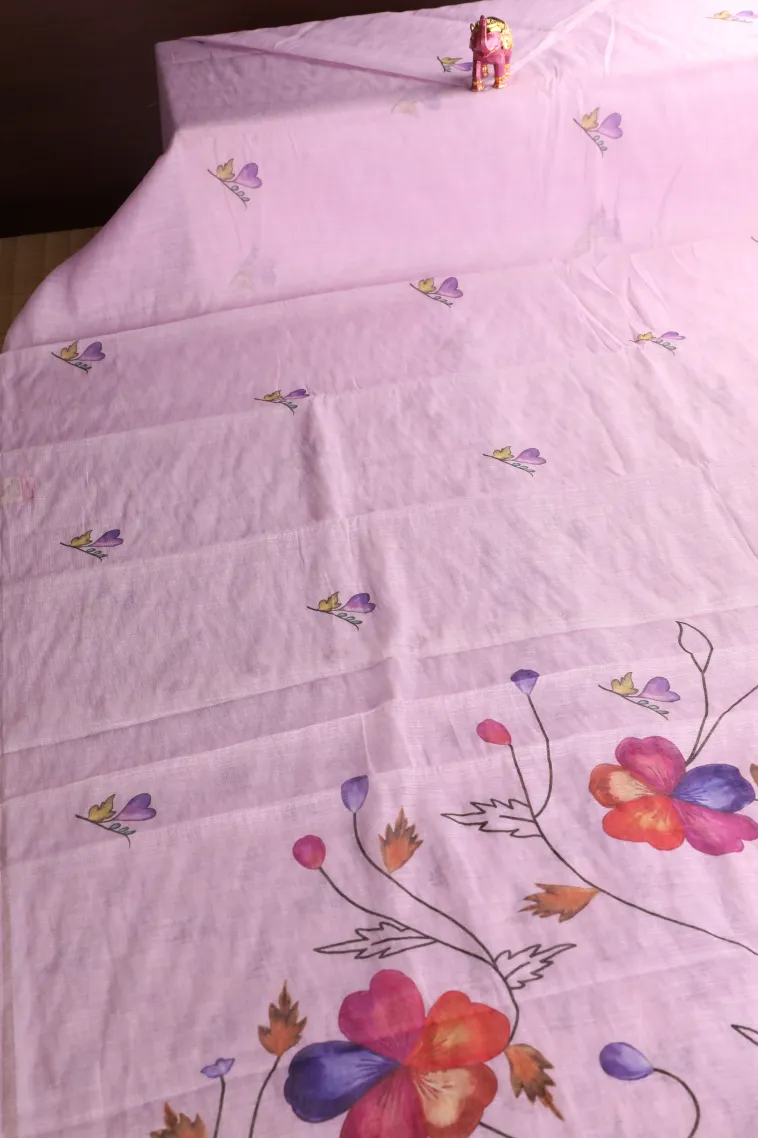 Lavender Purple Linen Saree Without Zari With Floral Patterns view 2