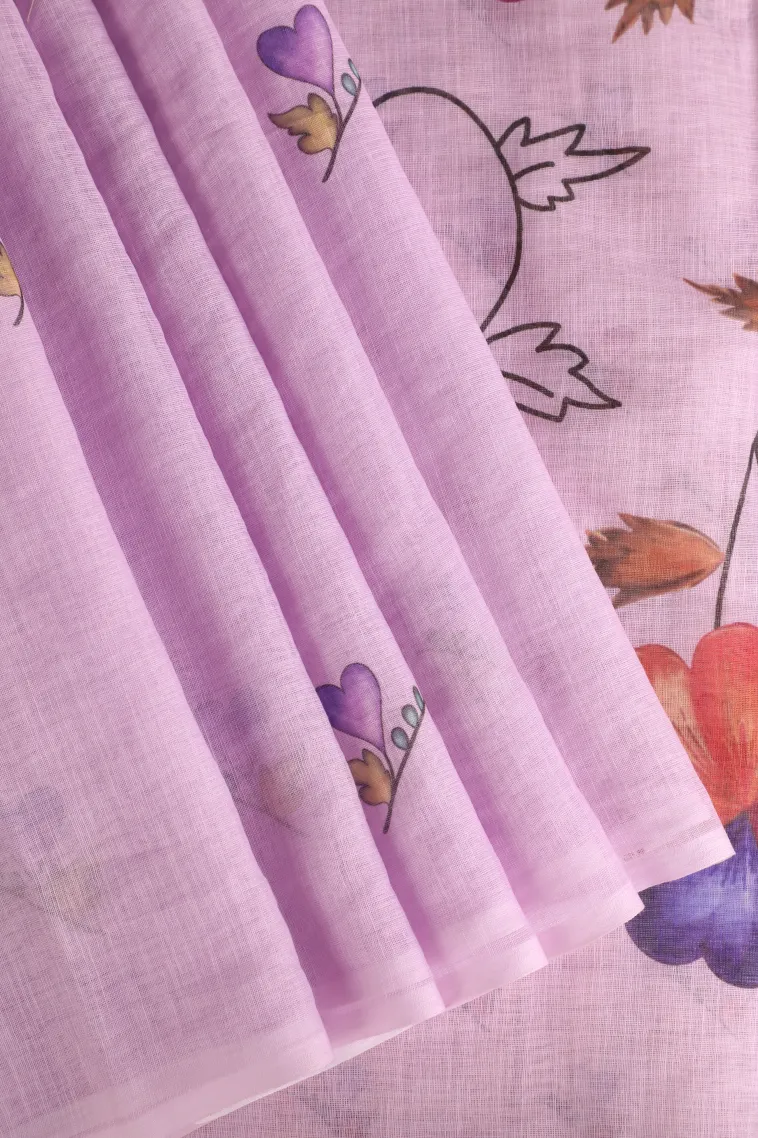 Lavender Purple Linen Saree Without Zari With Floral Patterns