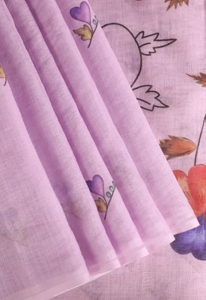 Lavender Purple Linen Saree Without Zari With Floral Patterns