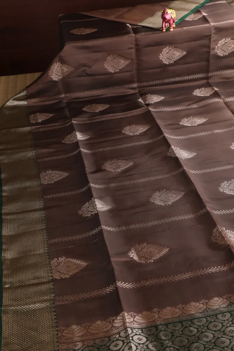 Peanut Brown Soft Silk Saree with Gold Zari Straipes And Puttas view 2