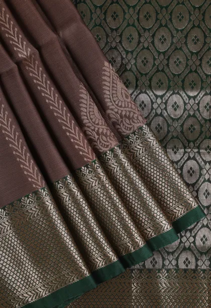 Peanut Brown Soft Silk Saree with Gold Zari Straipes And Puttas