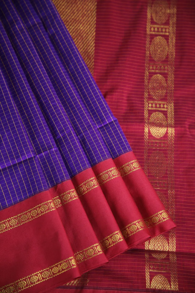 Viola Purple Kalyani Cotton with Gold Zari Small Checks Pattern