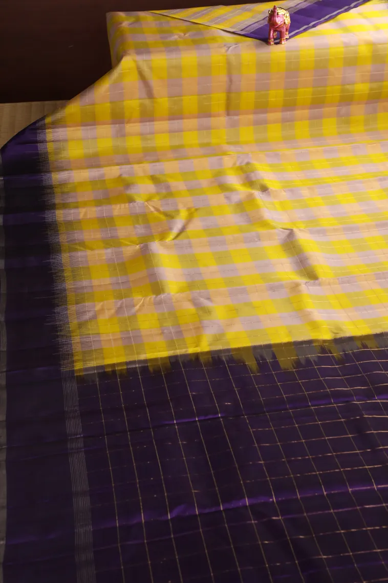 Lemon Yellow Soft Silk Saree with Gold And Silver Zari Checks view 2