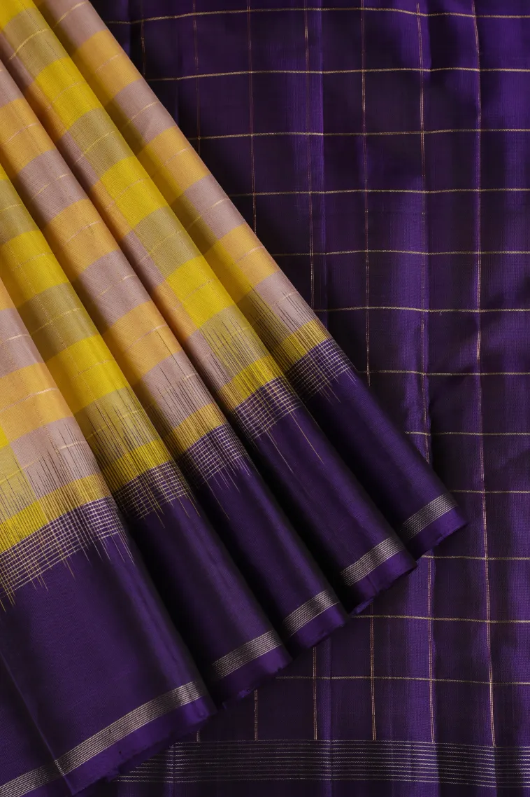 Lemon Yellow Soft Silk Saree with Gold And Silver Zari Checks
