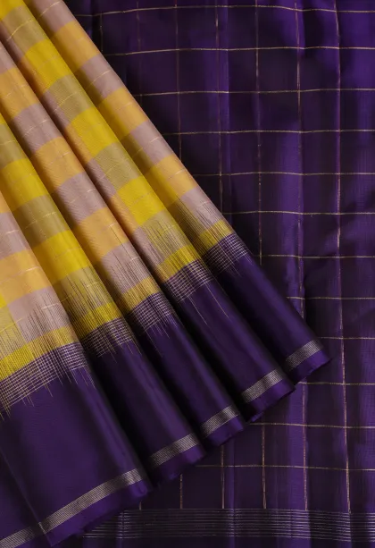 Lemon Yellow Soft Silk Saree with Gold And Silver Zari Checks