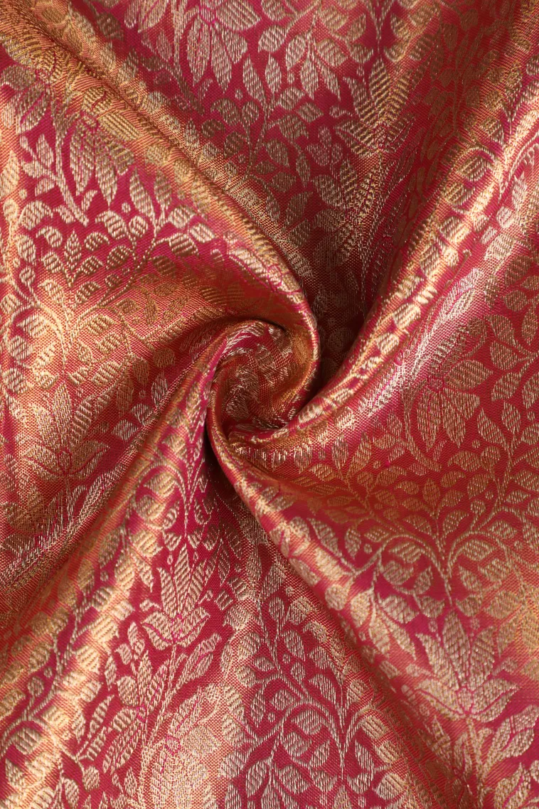 Peach Pink Kanchipuram Silk Sarees with Gold Zari Floral Patterns view 4