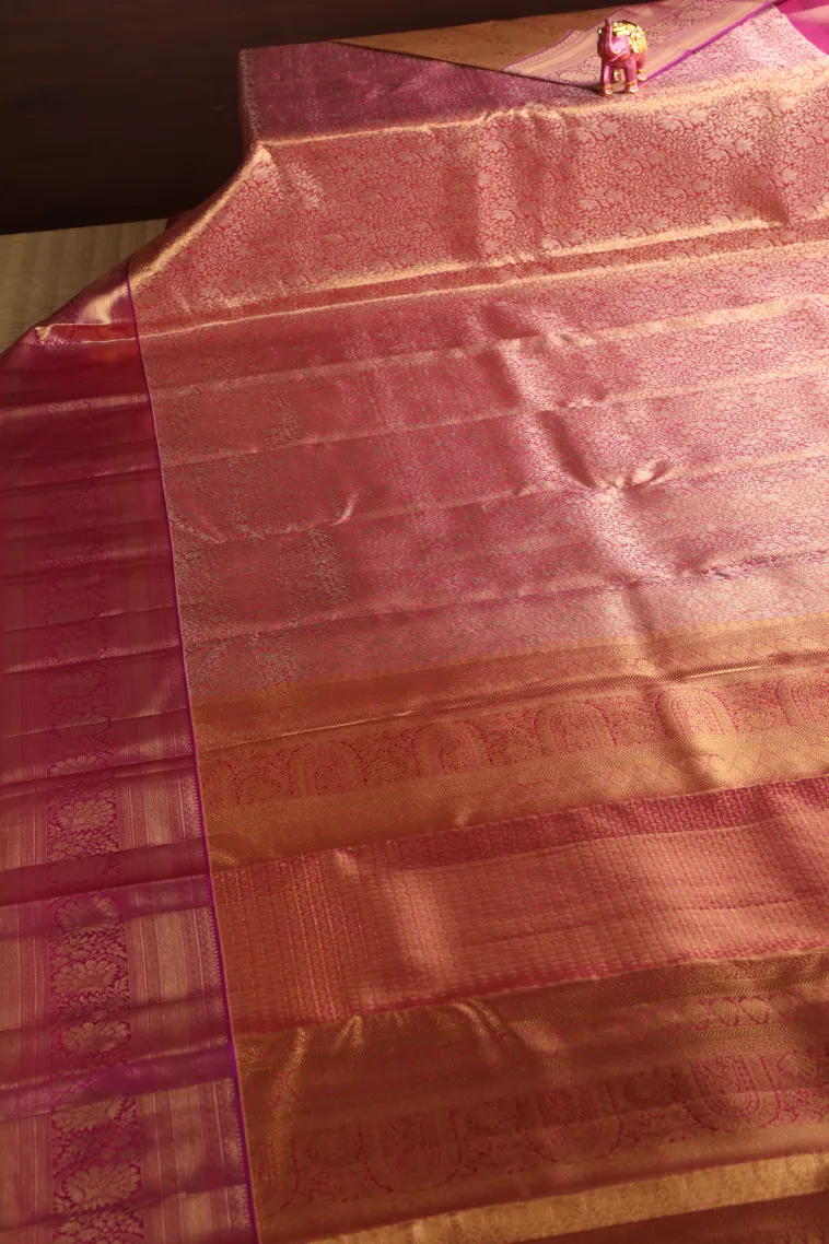Peach Pink Kanchipuram Silk Sarees with Gold Zari Floral Patterns view 2