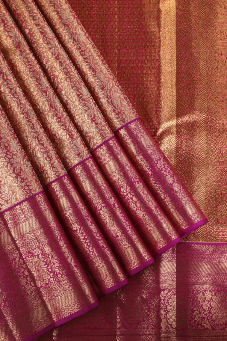 Peach Pink Kanchipuram Silk Sarees with Gold Zari Floral Patterns