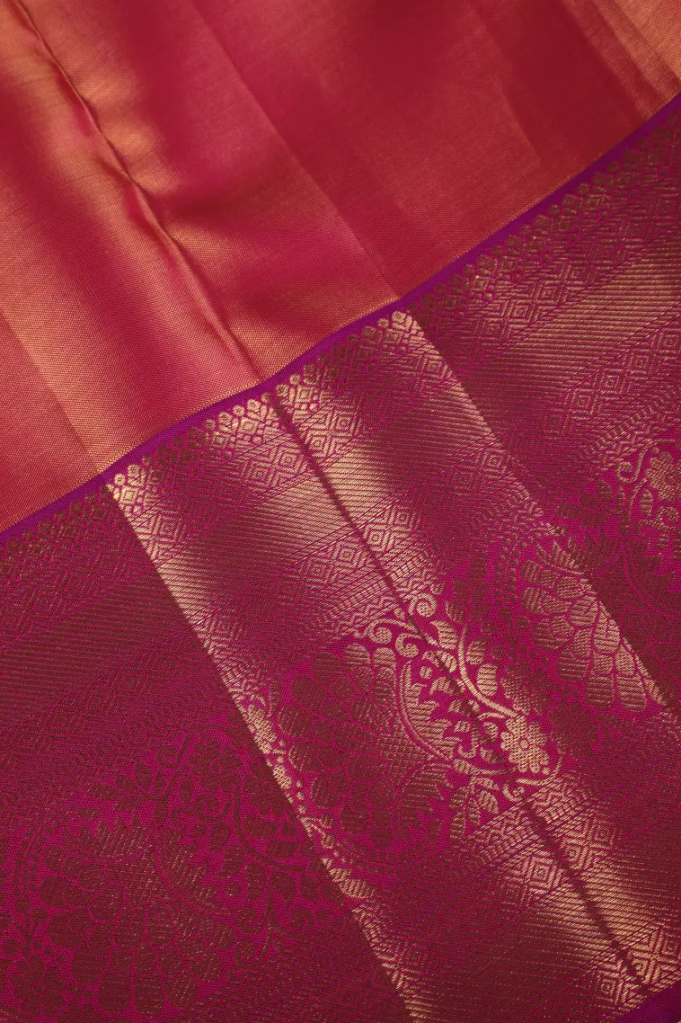 Peach Pink Kanchipuram Silk Sarees with Gold Zari Floral Patterns view 3