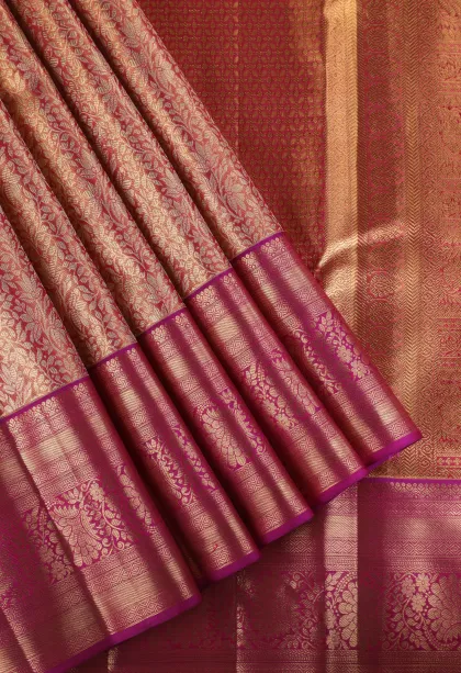 Peach Pink Kanchipuram Silk Sarees with Gold Zari Floral Patterns