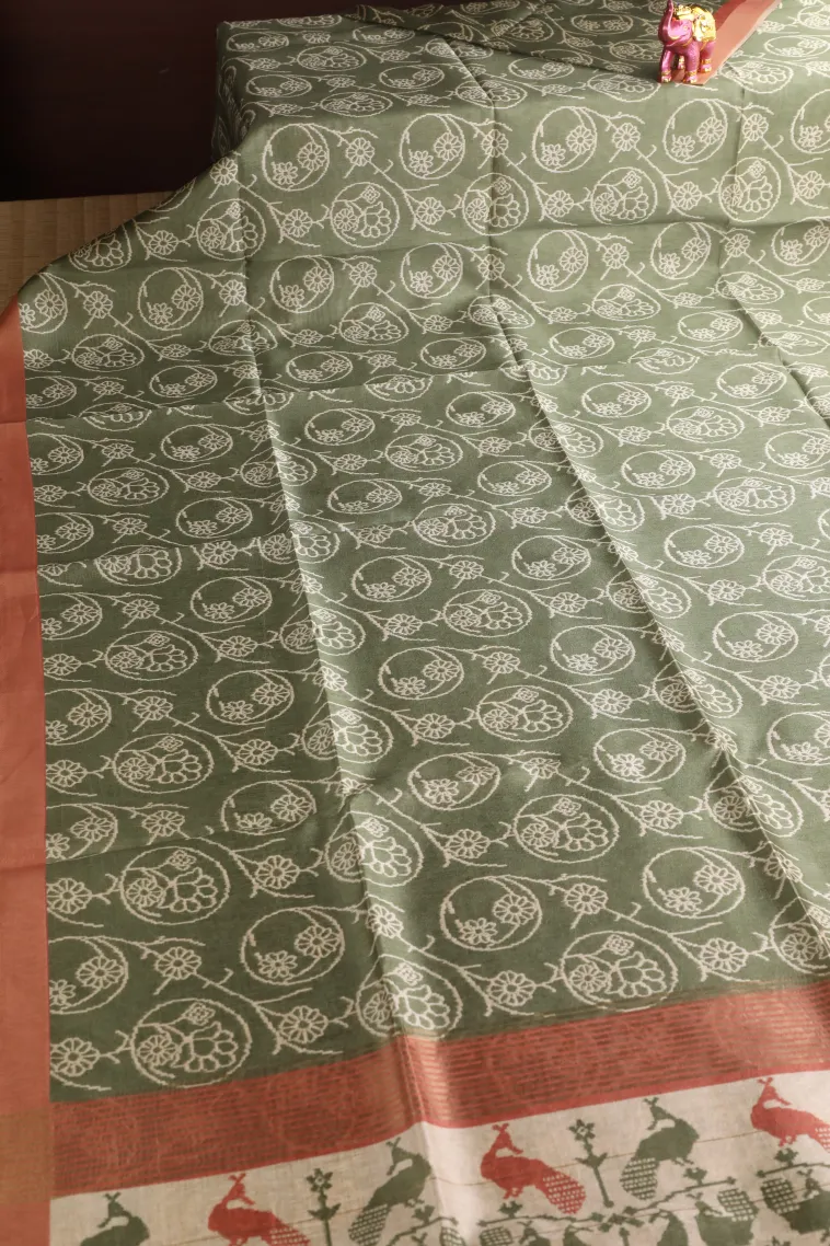 Sage Green Jute Sarees Without Zari With Floral Patterns view 2