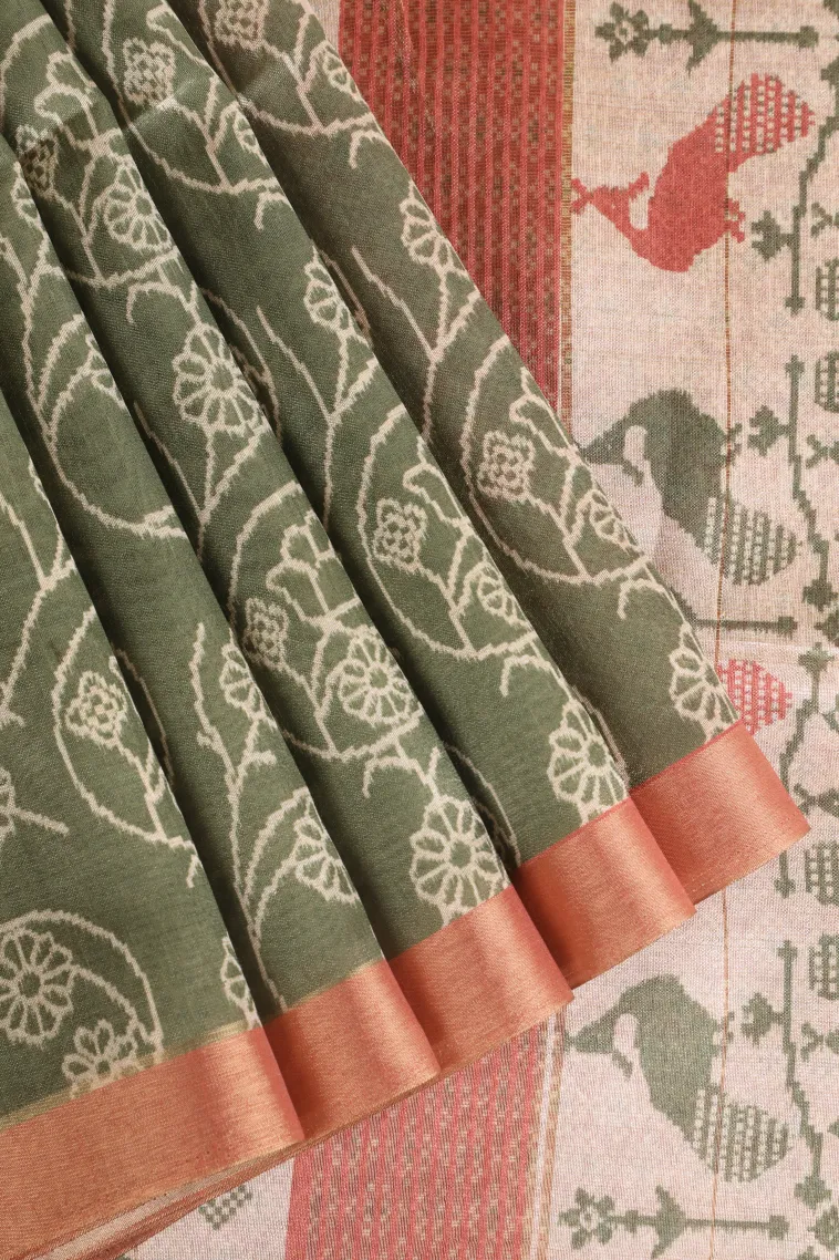 Sage Green Jute Sarees Without Zari With Floral Patterns