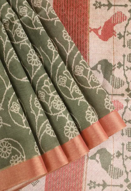 Sage Green Jute Sarees Without Zari With Floral Patterns