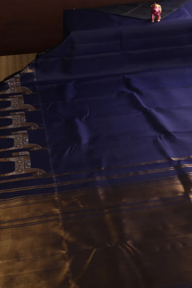 Indigo Blue Kanchipuram Silk Sarees with Gold Zari Plain view 2