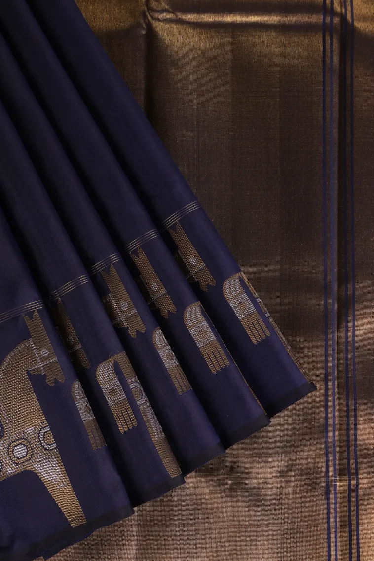 Indigo Blue Kanchipuram Silk Sarees with Gold Zari Plain