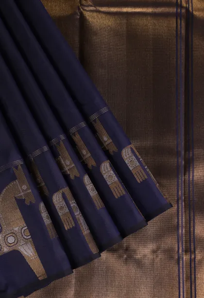 Indigo Blue Kanchipuram Silk Sarees with Gold Zari Plain