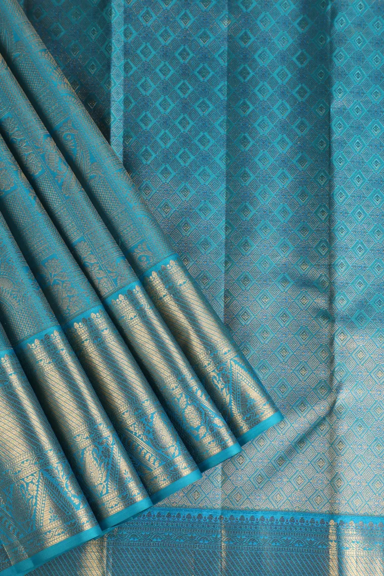 Cerulean Blue Kanchipuram Silk Sarees with Gold Zari Floral Patterns view 1