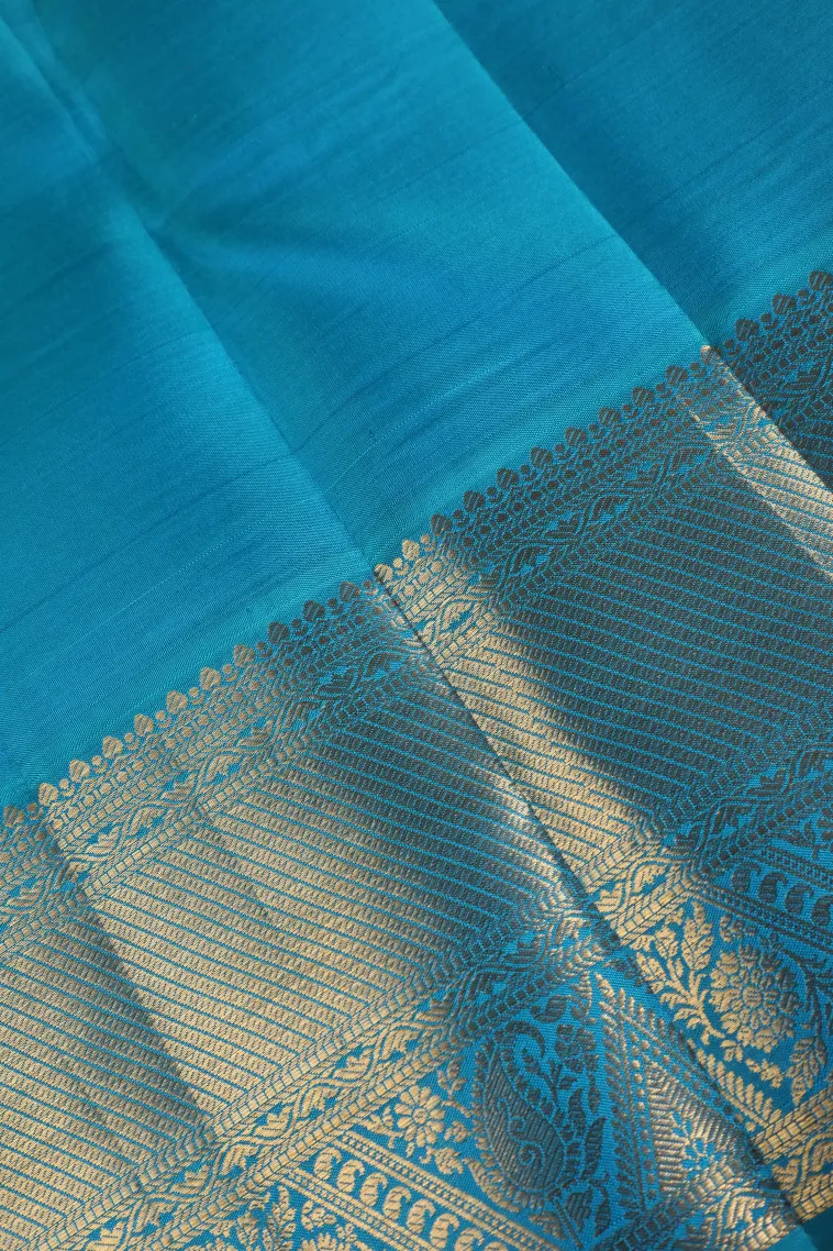 Cerulean Blue Kanchipuram Silk Sarees with Gold Zari Floral Patterns view 3
