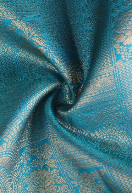 Cerulean Blue Kanchipuram Silk Sarees with Gold Zari Floral Patterns