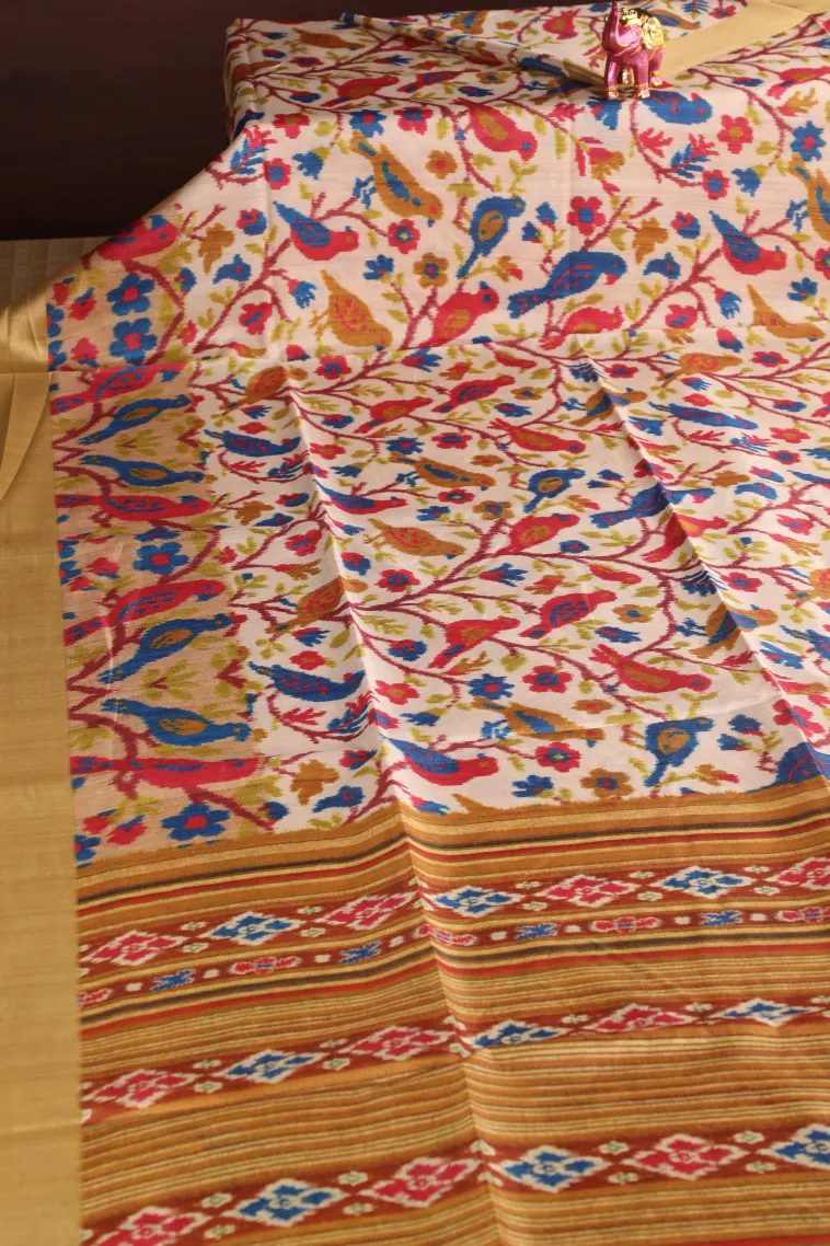 Cotton White Semi Tussar Silk with Gold Zari Birds And Floral Pattern view 2