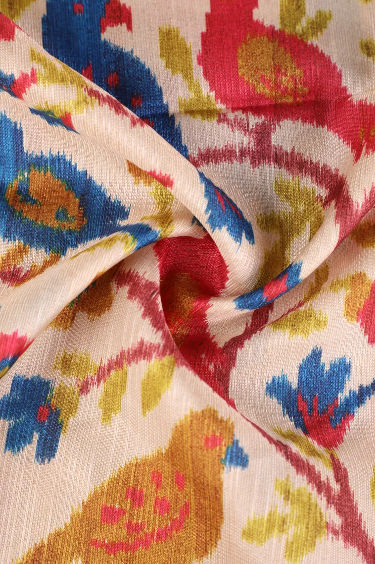 Cotton White Semi Tussar Silk with Gold Zari Birds And Floral Pattern view 4