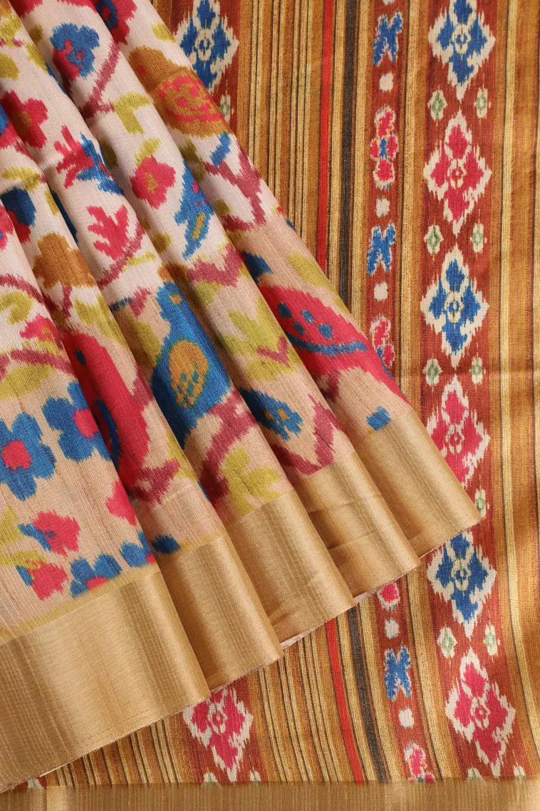 Cotton White Semi Tussar Silk with Gold Zari Birds And Floral Pattern