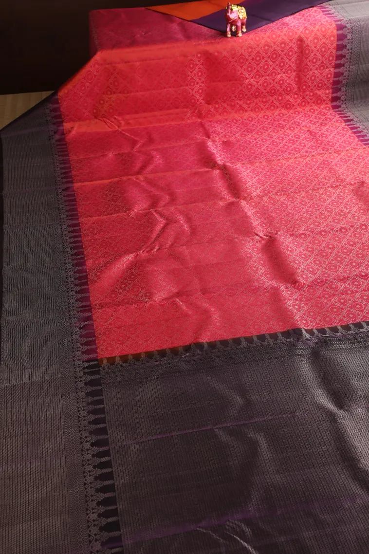 Strawberry Pink Soft Silk Saree with Silver Zari Geometric Shapes view 2