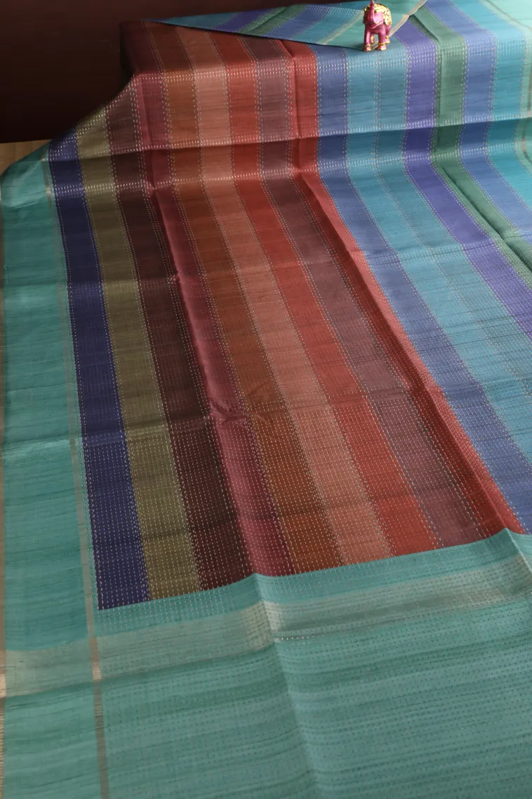 Tawny Brown Tussar Saree with Gold Zari Cross Straipes view 2