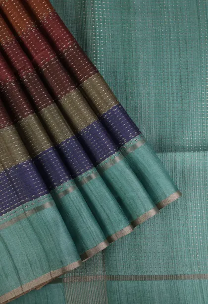 Tawny Brown Tussar Saree with Gold Zari Cross Straipes