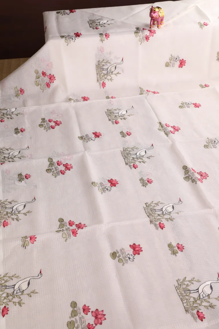 Cotton White Manipuri Cotton Sarees with Thread Zari Birds And Floral Pattern view 2
