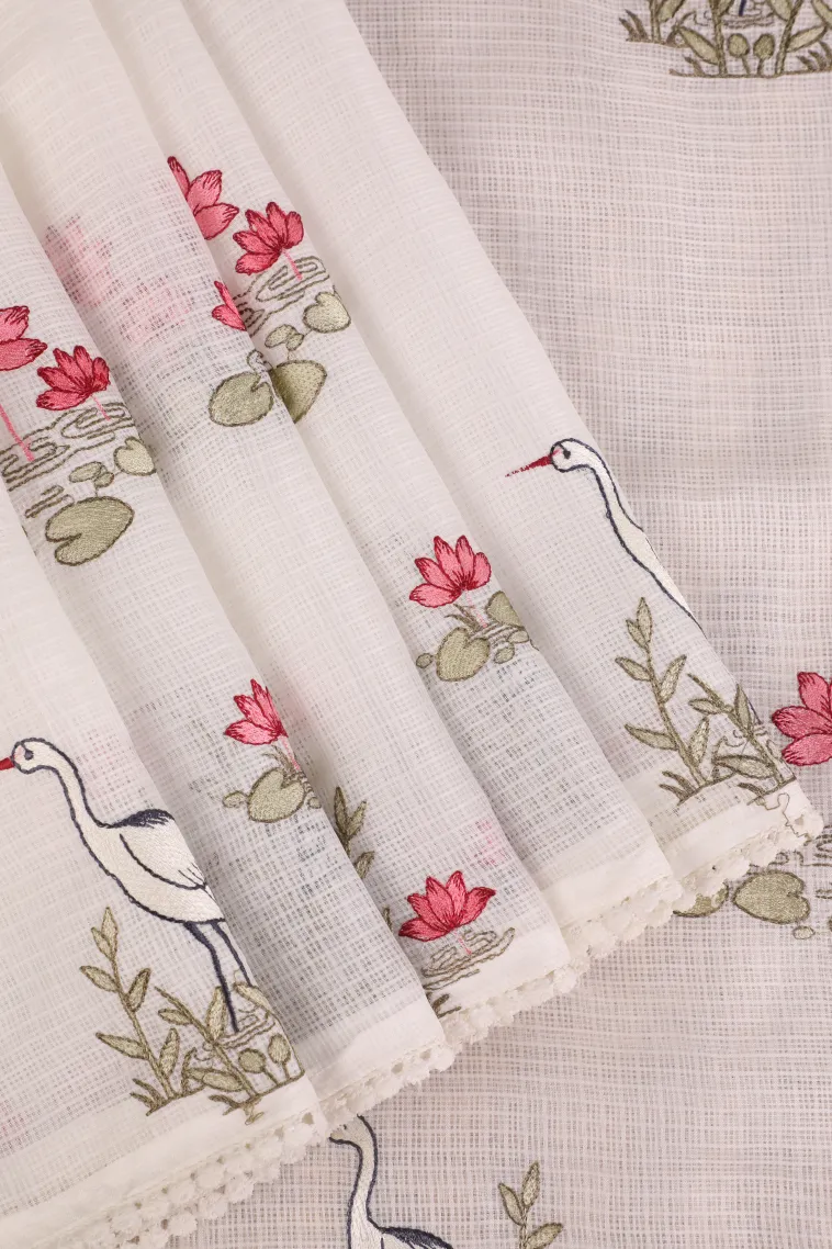 Cotton White Manipuri Cotton Sarees with Thread Zari Birds And Floral Pattern