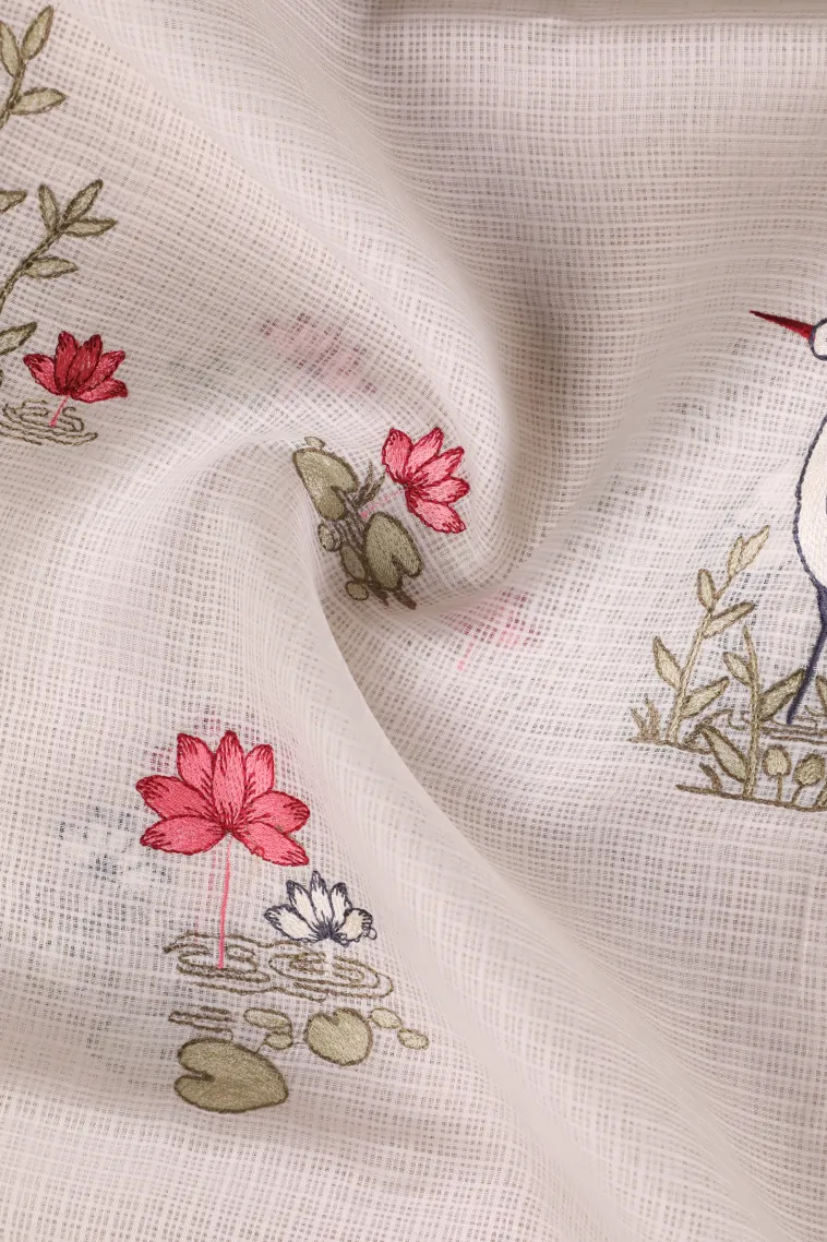 Cotton White Manipuri Cotton Sarees with Thread Zari Birds And Floral Pattern view 4