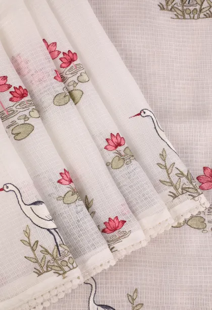 Cotton White Manipuri Cotton Sarees with Thread Zari Birds And Floral Pattern