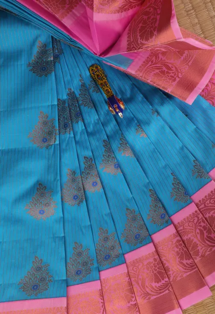 Cerulean Blue Visiri Madippu Silk Sarees with Copper Zari Straipes And Puttas