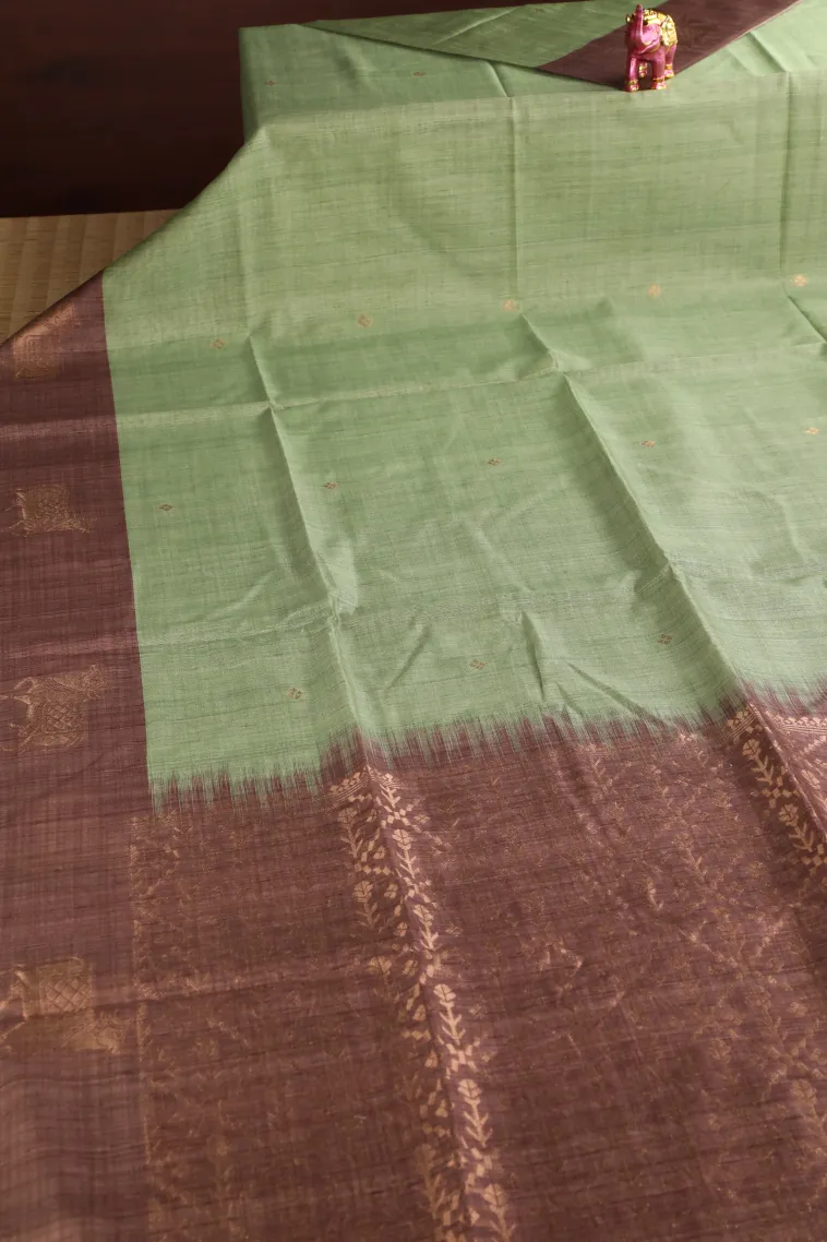 Olive Green Semi Tussar Silk with Gold Zari Buttis (small Dots Or Motifs) view 2