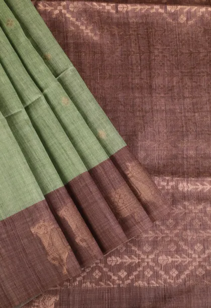 Olive Green Semi Tussar Silk with Gold Zari Buttis (small Dots Or Motifs)