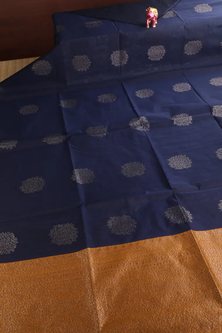 Denim Blue Silk Cotton Sarees with Antic Zari Flower Mottif view 2