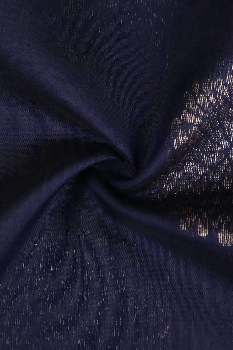 Denim Blue Silk Cotton Sarees with Antic Zari Flower Mottif view 4
