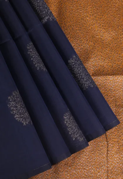 Denim Blue Silk Cotton Sarees with Antic Zari Flower Mottif
